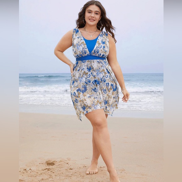 BoomChic NWT  Graphic Patchwork Sculpt Waist Hanky Hem Swim Dress Size 18-20 - Picture 5 of 16